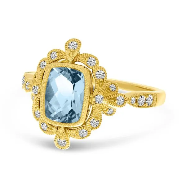 14K Yellow Gold Aquamarine Cushion with Diamond Milgrain Ring Image 2 Ambassador Diamond Jewelers Tucson, AZ
