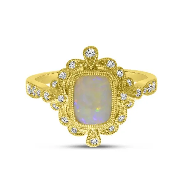 14K Yellow Gold Opal Cushion with Diamond Milgrain Ring Castle Couture Fine Jewelry Manalapan, NJ