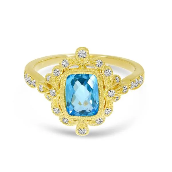 14K Yellow Gold Blue Topaz Cushion with Diamond Milgrain Ring Ambassador Diamond Jewelers Tucson, AZ