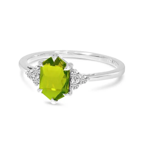 14K White Gold Hexagon Peridot and Diamond Ring Image 2 Castle Couture Fine Jewelry Manalapan, NJ