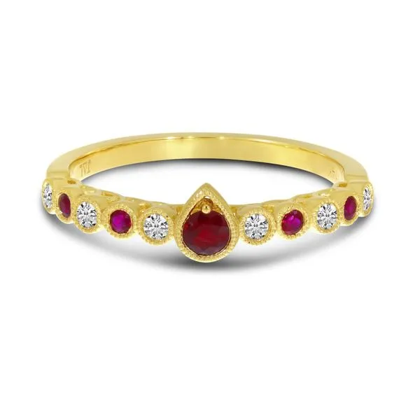 14K Yellow Gold Round Ruby and Diamond Pear Millgrain Ring Ambassador Diamond Jewelers Tucson, AZ