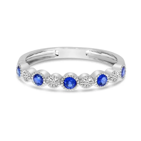 14K White Gold Round Sapphire and Diamond Millgrain Band Ambassador Diamond Jewelers Tucson, AZ