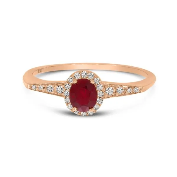 14K Yellow Gold Oval Ruby and Diamond Halo Ring Ambassador Diamond Jewelers Tucson, AZ