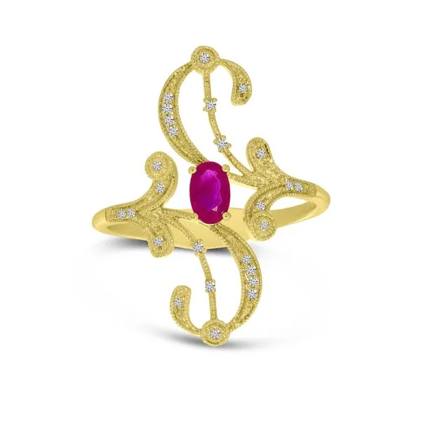 14K Yellow Gold Diamond & Oval Ruby Swirl Filigree Ring Ambassador Diamond Jewelers Tucson, AZ