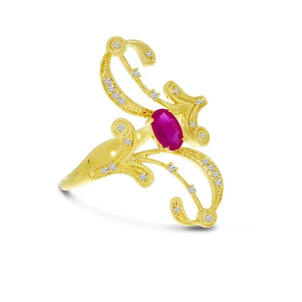14K Yellow Gold Diamond & Oval Ruby Swirl Filigree Ring Image 2 Ambassador Diamond Jewelers Tucson, AZ