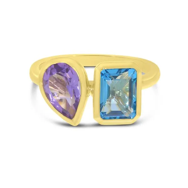 14K Yellow Gold Emerald Cut Blue Topaz and Pear Amethyst Semi Precious Duo Ring Ambassador Diamond Jewelers Tucson, AZ