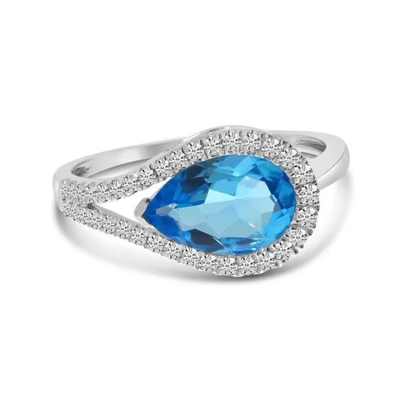 14K White Gold Pear Cut Blue Topaz East to West Diamond Halo Ring Arlene's Fine Jewelry Vidalia, GA