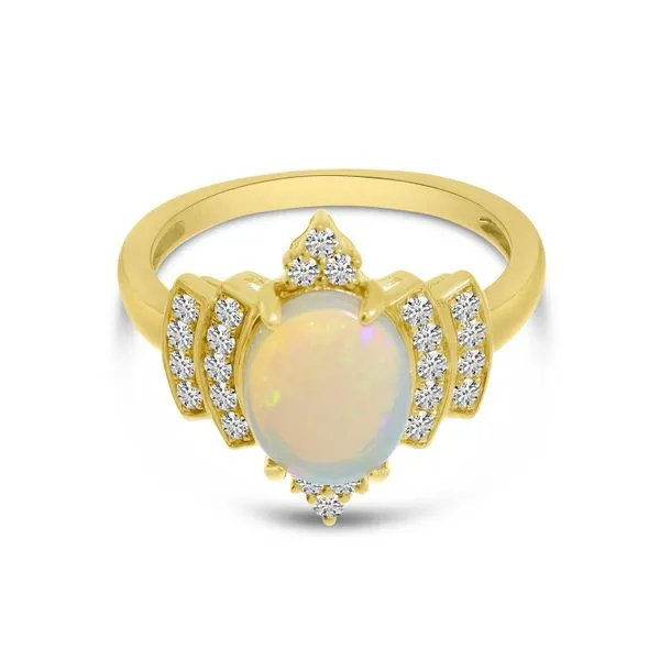 14K Yellow Gold Oval Opal Ring with Diamond Halo Image 4 Ambassador Diamond Jewelers Tucson, AZ