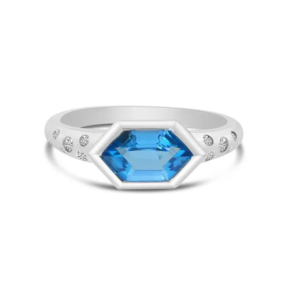14K White Gold Hexagon Blue Topaz with Diamond Band Semi Precious Ring Castle Couture Fine Jewelry Manalapan, NJ
