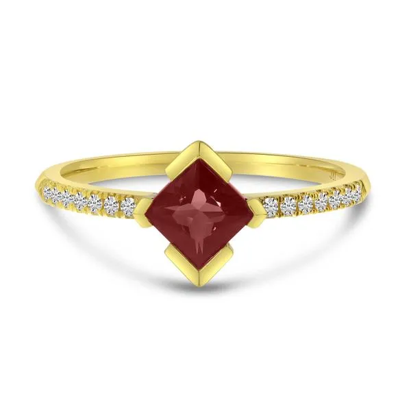 14K Yellow Gold Princess Cut Garnet and Diamond Band Ring J. Meredith Jewelers Delafield, WI