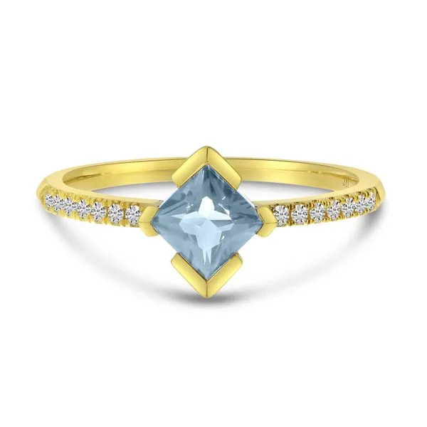 14K Yellow Gold Princess Cut Aquamarine and Diamond Band Ring J. Meredith Jewelers Delafield, WI