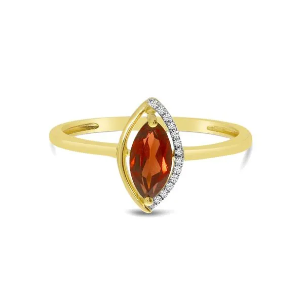 14k Yellow Gold Marquise Garnet with Half Diamond Halo Semi Precious Ring J. Meredith Jewelers Delafield, WI