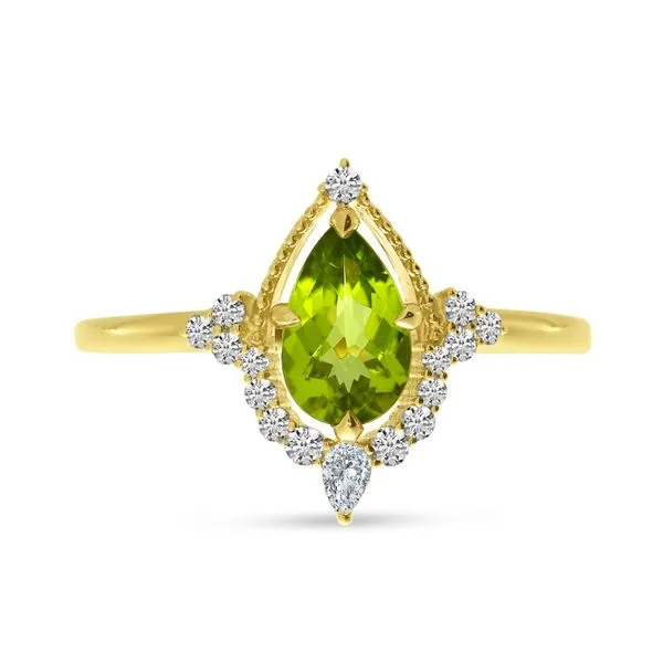 14k Yellow Gold Pear Peridot and Diamond Milgrain Ring Image 2 Rick's Jewelers California, MD
