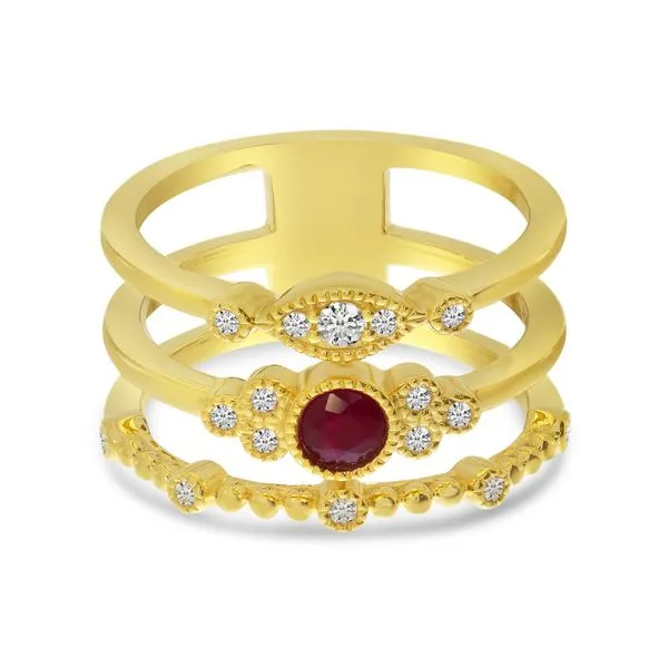 14K Yellow Gold Ruby and Diamond 3 Row Ring Stack Image 2 Ambassador Diamond Jewelers Tucson, AZ