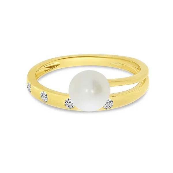14K Yellow Gold Brushed Diamond and Pearl Band & A Half Ring Image 2 Castle Couture Fine Jewelry Manalapan, NJ