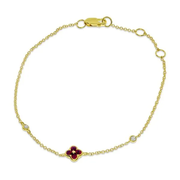 14K Yellow Gold Ruby and Diamond Clover Chain Bracelet Image 3 Rick's Jewelers California, MD