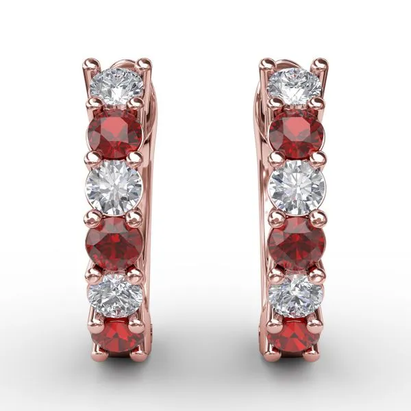 Shared Prong Ruby And Diamond Hoop Earrings  Castle Couture Fine Jewelry Manalapan, NJ