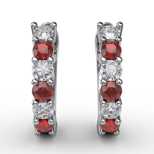 Shared Prong Ruby And Diamond Hoop Earrings
