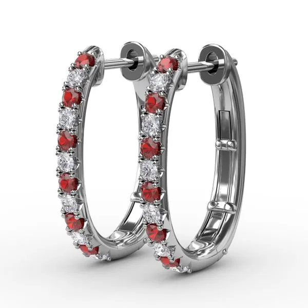 Alternaing Ruby and Diamond Hoop Earrings  Image 2 Castle Couture Fine Jewelry Manalapan, NJ