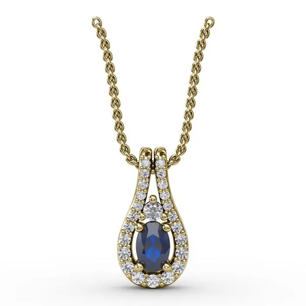 Halo Teardrop Sapphire and Diamond Pendant  Castle Couture Fine Jewelry Manalapan, NJ