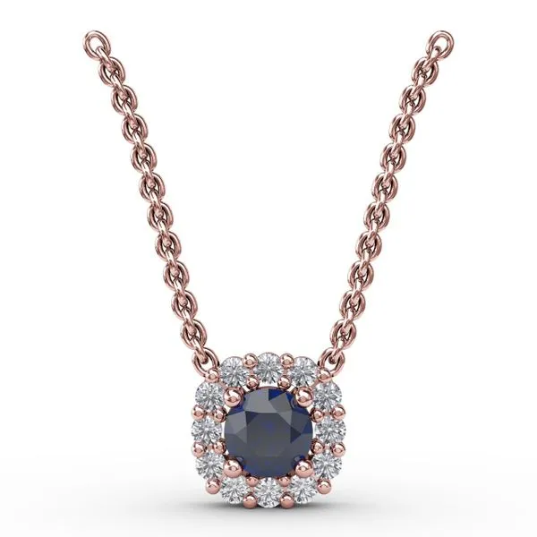 Classic Round Sapphire and Diamond Pendant Castle Couture Fine Jewelry Manalapan, NJ
