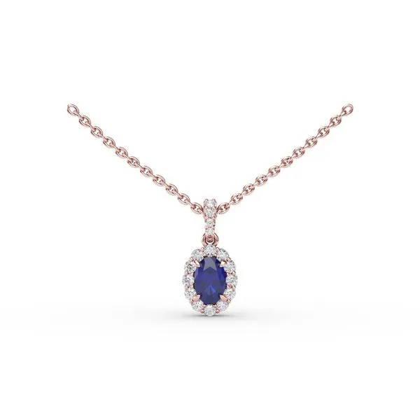 Sapphire and Diamond Halo Necklace  Steve Lennon & Co Jewelers  New Hartford, NY