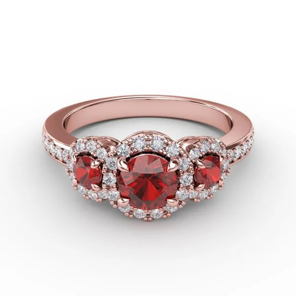 Dazzling Three Stone Ruby And Diamond Ring  Castle Couture Fine Jewelry Manalapan, NJ