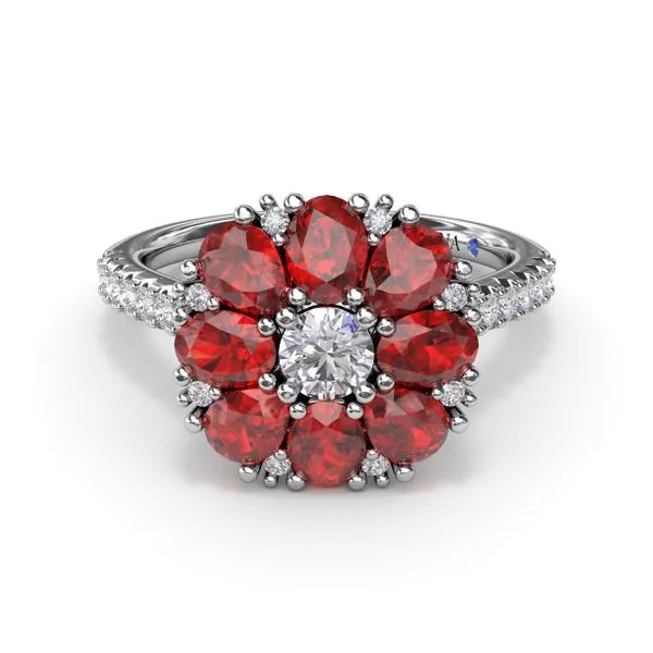 Ruby and Diamond Cluster Flower Ring Steve Lennon & Co Jewelers  New Hartford, NY