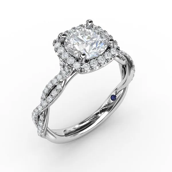 Classic Cushion Diamond Halo Engagement Ring With Cathedral Twist Diamond Band Steve Lennon & Co Jewelers  New Hartford, NY
