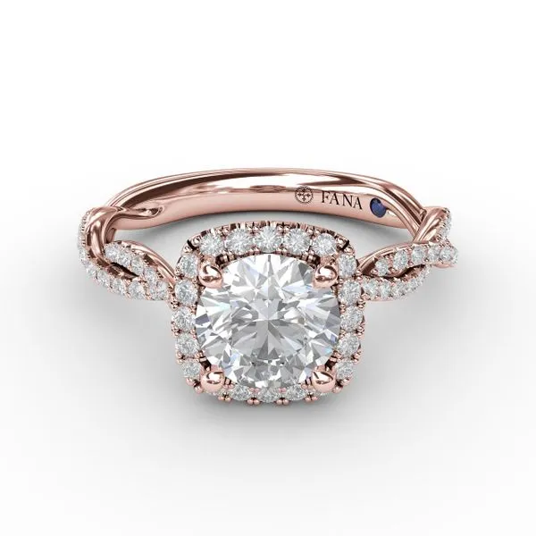 Classic Cushion Diamond Halo Engagement Ring With Cathedral Twist Diamond Band Image 3 Steve Lennon & Co Jewelers  New Hartford, NY