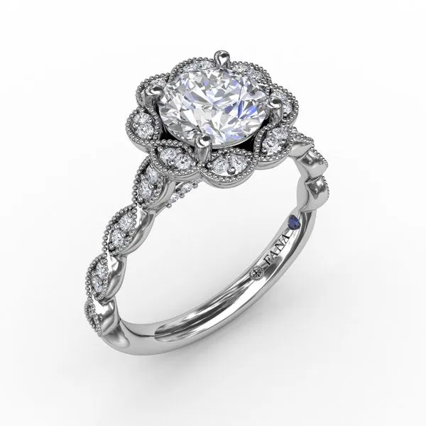 Round Diamond Engagement Ring With Floral Halo and Milgrain Details Gaines Jewelry FLINT, MI