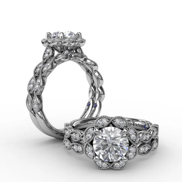 Round Diamond Engagement Ring With Floral Halo and Milgrain Details Image 4 Gaines Jewelry FLINT, MI