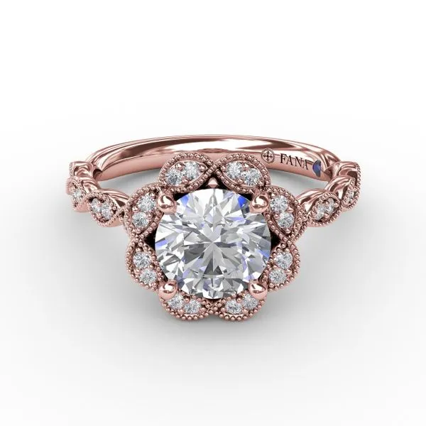 Round Diamond Engagement Ring With Floral Halo and Milgrain Details Image 3 The Diamond Center Claremont, CA