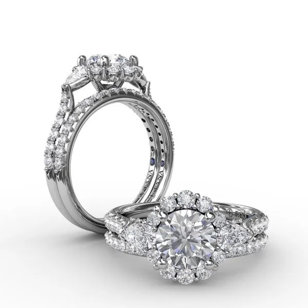Three-Stone Diamond Halo Engagement Ring With Pear-Shape Side Stones Image 4 Graham Jewelers Wayzata, MN