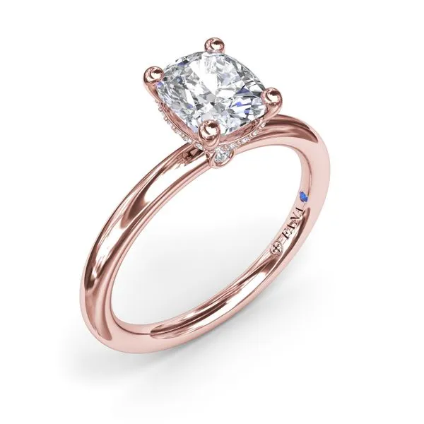 Contemporary Cushion Solitaire Engagement Ring With Hidden Pavé Halo Steve Lennon & Co Jewelers  New Hartford, NY