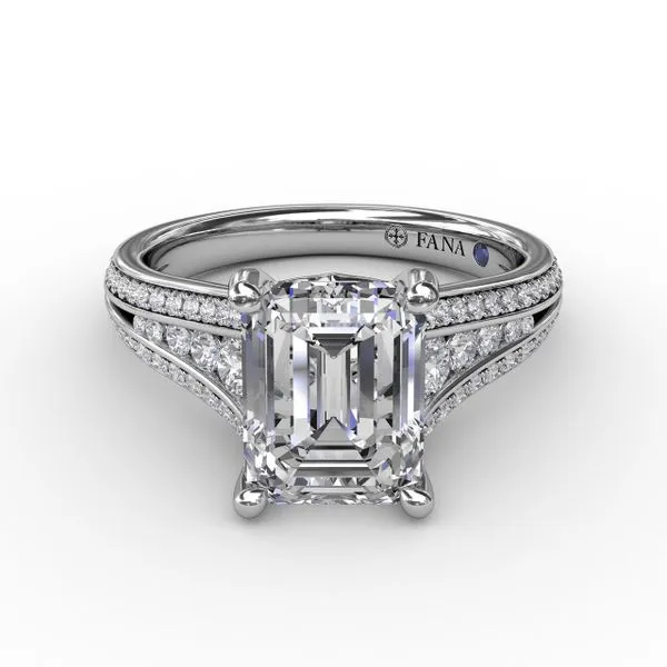 Contemporary Emerald Cut Diamond Solitaire Engagement Ring With Triple-Row Diamond Band Image 3 Steve Lennon & Co Jewelers  New Hartford, NY