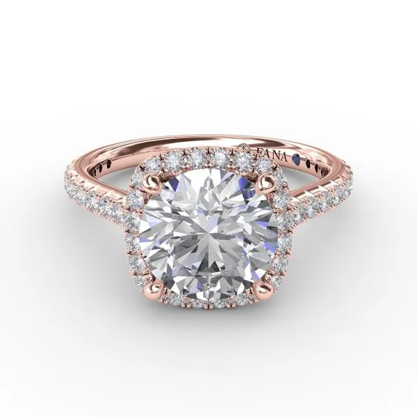 Cushion-Shaped Halo Diamond Engagement Ring with Diamond Band Image 3 Steve Lennon & Co Jewelers  New Hartford, NY