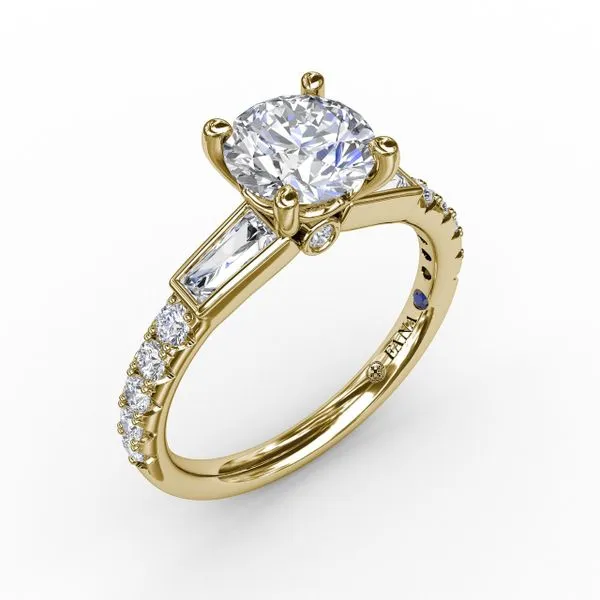 Three-Stone Round Diamond Engagement Ring With Bezel-Set Baguettes and Diamond Band Gaines Jewelry FLINT, MI