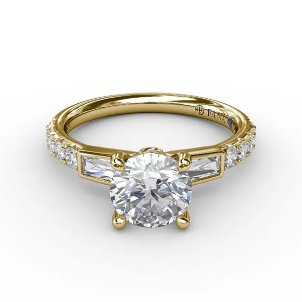 Three-Stone Round Diamond Engagement Ring With Bezel-Set Baguettes and Diamond Band Image 3 Gaines Jewelry FLINT, MI