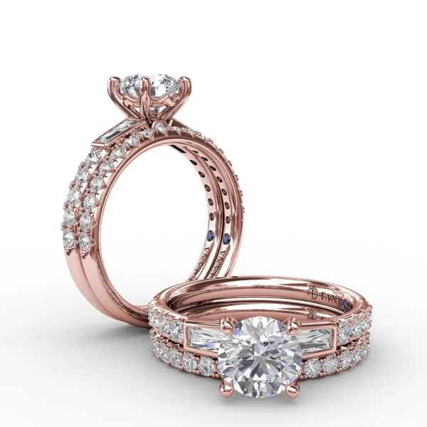 Three-Stone Round Diamond Engagement Ring With Bezel-Set Baguettes and Diamond Band Image 4 Steve Lennon & Co Jewelers  New Hartford, NY
