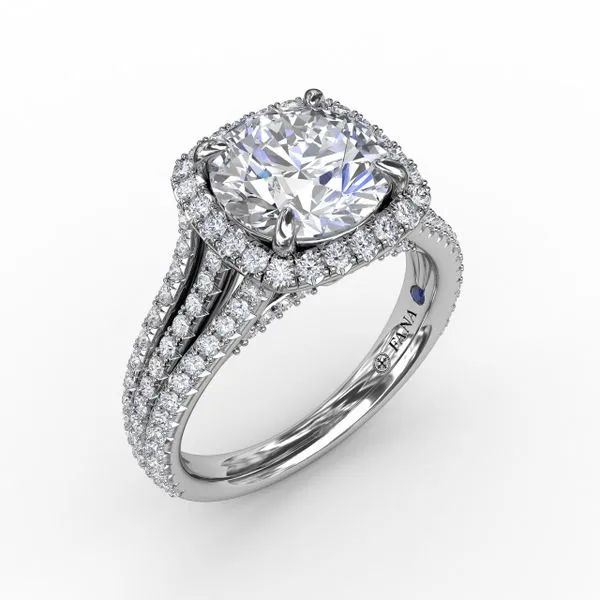 Round Diamond Engagement Ring With Cushion-Shaped Halo and Triple-Row Diamond Band Gaines Jewelry FLINT, MI