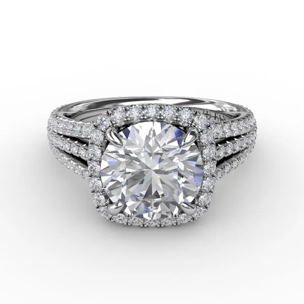 Round Diamond Engagement Ring With Cushion-Shaped Halo and Triple-Row Diamond Band Image 3 Gaines Jewelry FLINT, MI