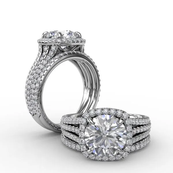 Round Diamond Engagement Ring With Cushion-Shaped Halo and Triple-Row Diamond Band Image 4 Gaines Jewelry FLINT, MI