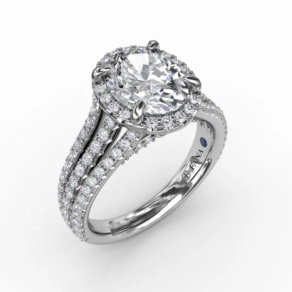 Oval Diamond Halo Engagement Ring With Triple-Row Diamond Band Quest Fine Jewelers Fairfax, VA