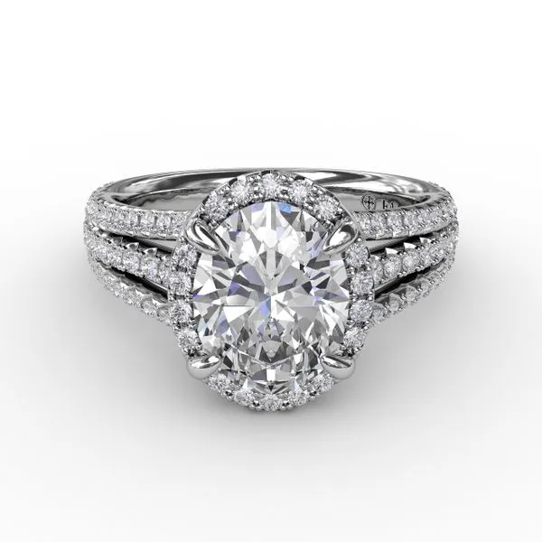 Oval Diamond Halo Engagement Ring With Triple-Row Diamond Band Image 3 Quest Fine Jewelers Fairfax, VA
