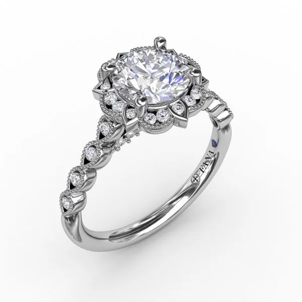 Round Diamond Engagement With Floral Halo and Milgrain Details Quest Fine Jewelers Fairfax, VA