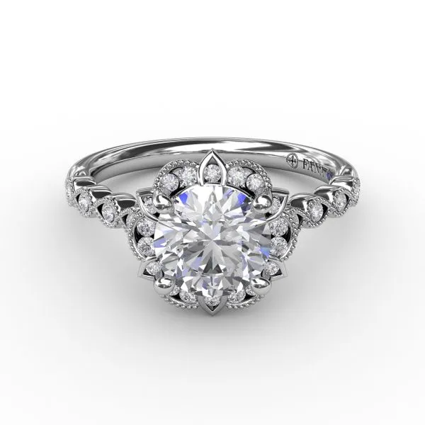 Round Diamond Engagement With Floral Halo and Milgrain Details Image 3 Quest Fine Jewelers Fairfax, VA