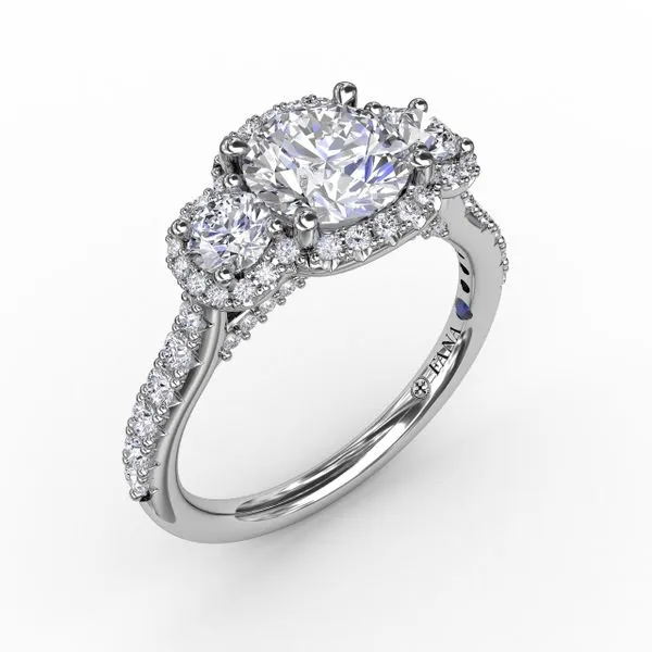 Three-Stone Round Diamond Halo Engagement Ring Steve Lennon & Co Jewelers  New Hartford, NY