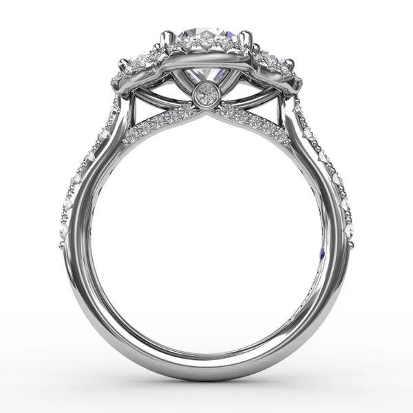Three-Stone Round Diamond Halo Engagement Ring Image 2 Steve Lennon & Co Jewelers  New Hartford, NY