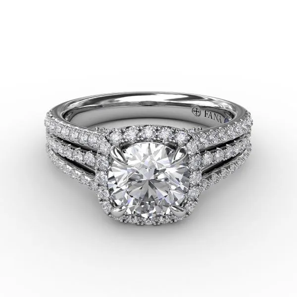 Cushion-Shaped Diamond Halo Engagement Ring With Triple-Row Diamond Band Image 3 Steve Lennon & Co Jewelers  New Hartford, NY